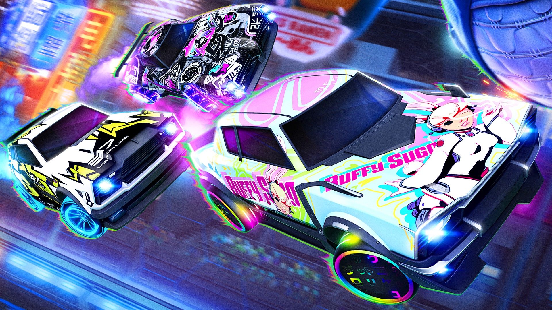 Dingo, Fennec, and Dominus flying though Neo Tokyo Arena with new Neo Tokyo: Aftermarket Decals and Wheels.