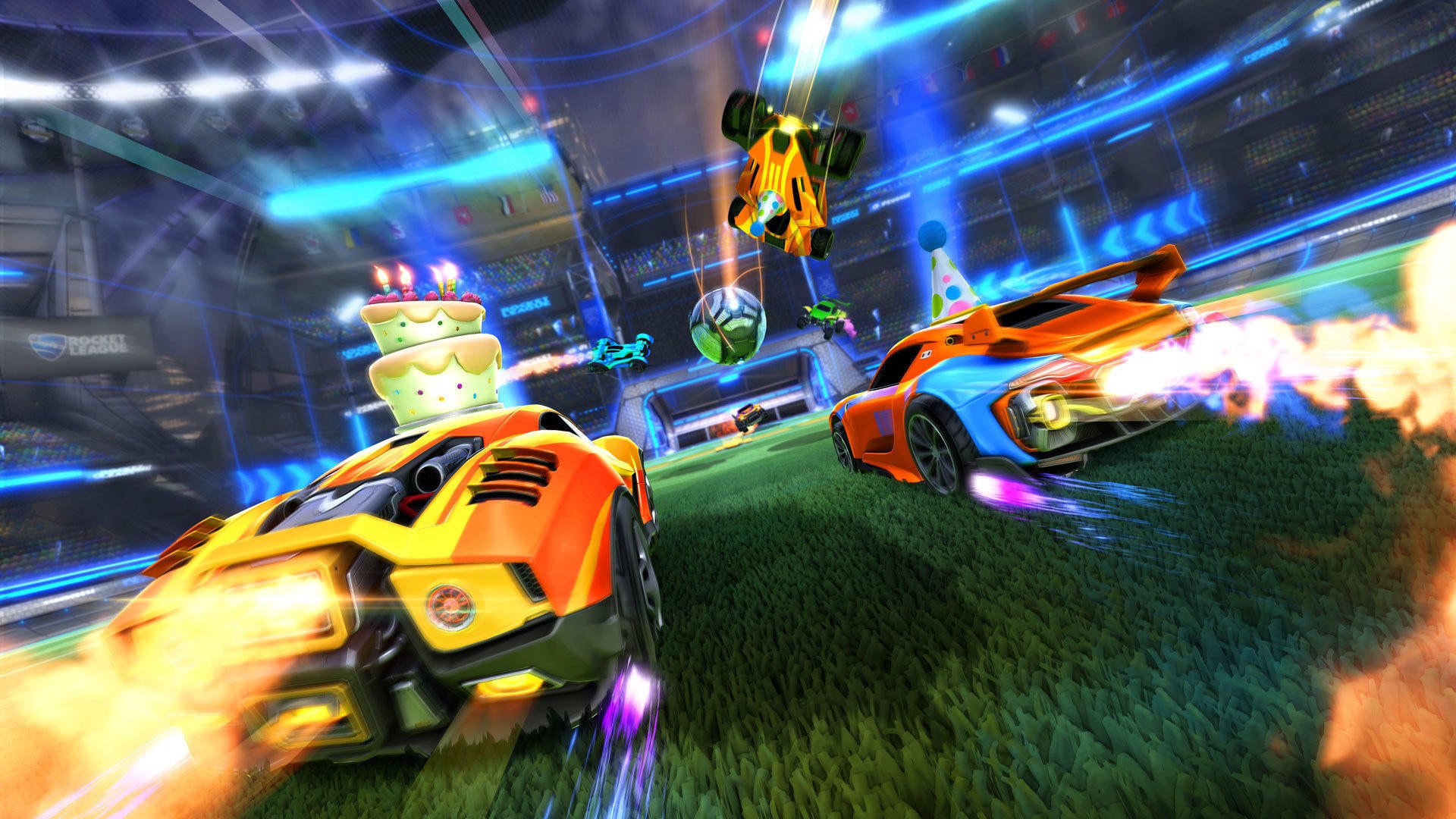 Players converging on the ball in Rocket League